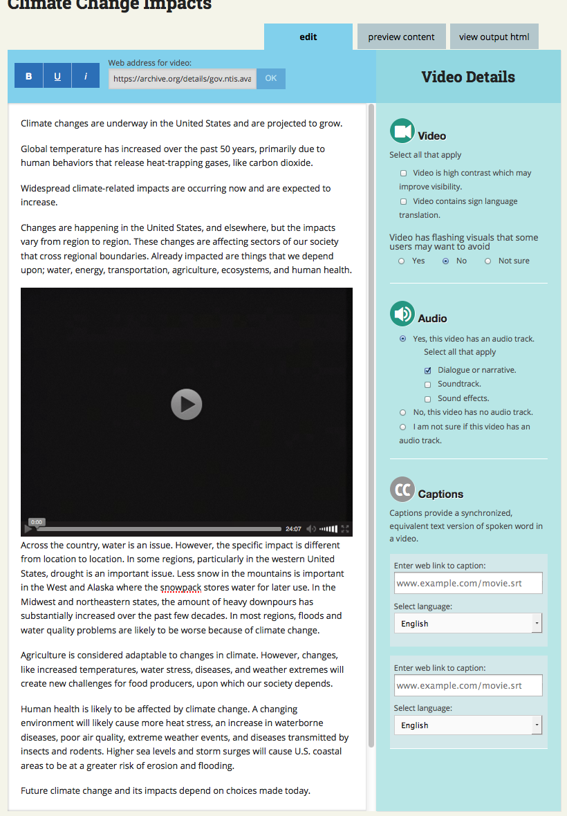 The Floe Metadata authoring demo, showing the metadata sidebar to the right of the editing interface